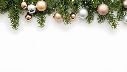 Festive Christmas background featuring pine branches and ornaments on a white backdrop with snow particles