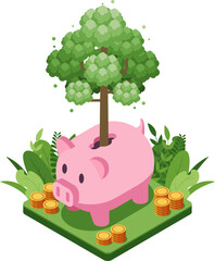 Isometric Piggy Bank with a Growing Tree