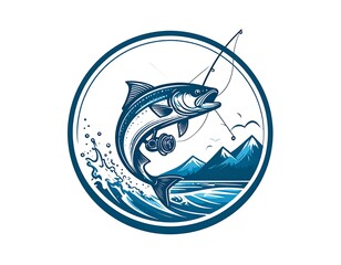 Artistic depiction of a leaping fish with fishing gear inside a circle