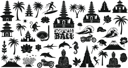 Bali travel and tourism silhouette set, collection of Indonesian culture, tropical nature, temple architecture, and exotic animal vector icons isolated on ,   © MstShefaly