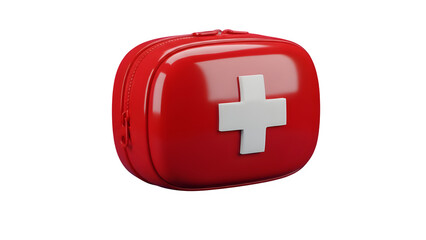 Fototapeta premium 3D Red First Aid Kit Bag - Emergency Medical Case, Healthcare Survival, Safety Pouch, Rescue Equipment, Travel Medicine & Doctor Aid