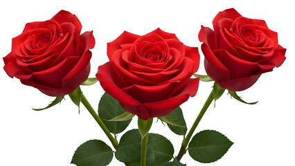 Naklejka premium Three Red Roses with Green Leaves - Romantic Flower, Valentine Bouquet, Love Symbol, Floral Gift, Nature Blossom & Wedding Decor