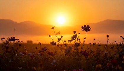 Silhouetted Cosmos Flowers in a Misty Field During a Golden Sunrise