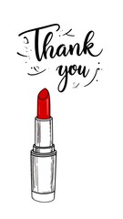 Artistic sketch, red lipstick and elegant "Thank You" script on white backdrop