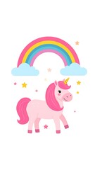 Adorable, cartoon-style unicorn stands beneath a vibrantly colored rainbow