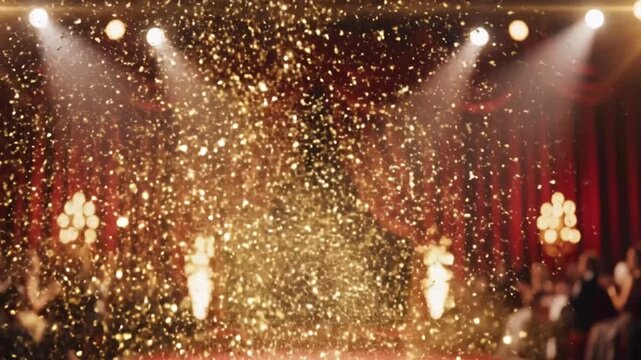 Elegant Awards Ceremony with Gold Confetti Falling on Stage and Audience with Red Curtains