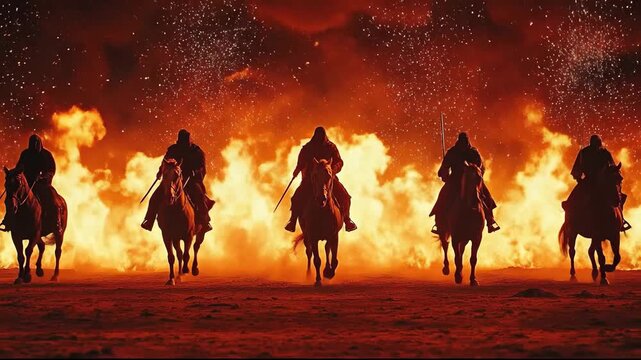 Silhouetted riders charge through flames in an intense, cinematic scene.