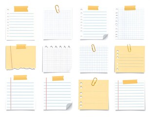 Assorted blank paper notes, taped, clipped, or torn