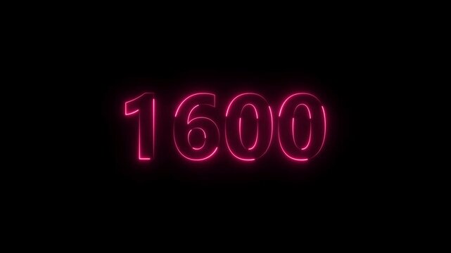 Number 1600 neon bright magenta red color animation 4k video.