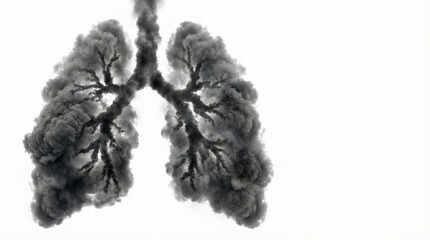 high intensity conceptual lungs formed from dark smoke isolated on white background with copy space representing severe air pollution health crisis