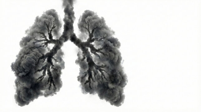 high intensity conceptual lungs formed from dark smoke isolated on white background with copy space representing severe air pollution health crisis