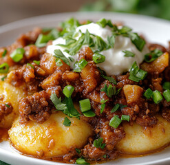 Chili Crisp Smashed Potatoes With Sour Cream And Scallions Served On White Plate
