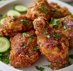 Pickle-Brined Fried Chicken With Crispy Coating And Fresh Herb Garnish On White Plate

