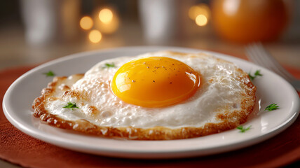 Fried egg with crispy edges and fresh herbs on white plate