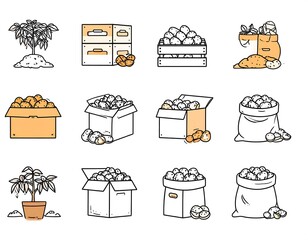 Assorted vector illustrations depicting potatoes in various forms and containers