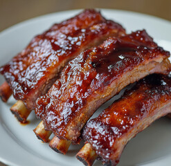 Black Currant BBQ Ribs With Sticky Glaze And Herb Garnish Served On White Plate
