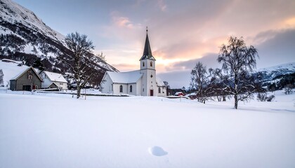 Serene Winter Landscape with a White Church and Snowy Mountains Under a Pastel Sky