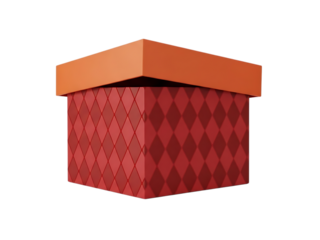 Red gift box with orange lid and diamond pattern