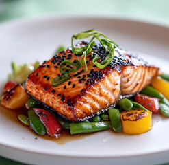Black Sesame Glazed Salmon Fillet With Mixed Vegetables On White Plate
