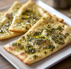 Za&rsquo;atar Flatbread With Olive Oil And Herbs Served On White Plate
