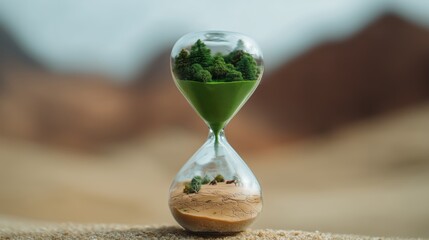 Hourglass showing lush green miniature forest flowing into cracked, arid desertvisual metaphor for time running out, ecosystem loss and urgent action on climate change