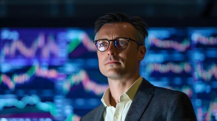 Confident businessman analyzes financial data on a large screen in a bright modern office setting