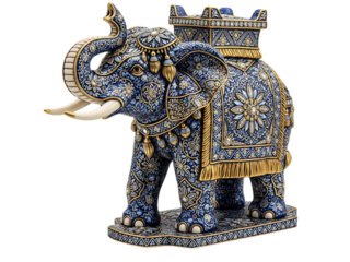 Decorative blue and gold elephant statue with intricate design