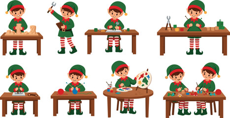 Christmas elf kids crafting toys and holiday workshop activities cute cartoon illustration set for festive education creativity winter celebration childrens art projects and play