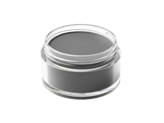 A sleek gray cosmetic container with a transparent lid on a white background