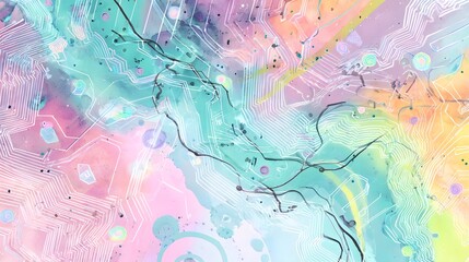 Futuristic digital art explores AI innovation with flowing neon circuits and pastel cyber tones