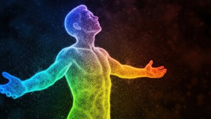 Man with arms outstretched in colorful light, conceptual of freedom and spirituality.