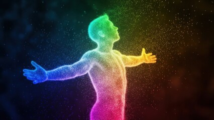 Colorful human figure made of particles with open arms. Freedom and energy concept.