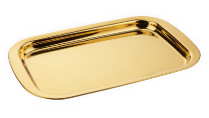 Shiny golden rectangular serving tray with rounded corners isolated on white isolated on transparent background