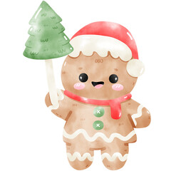 Cute Gingerbread Man with Christmas Tree Illustration