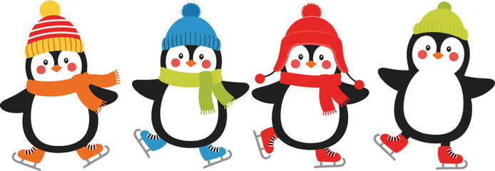 Cute penguin ice skating illustration, winter holiday cartoon characters, colorful scarves hats, playful kids design, Christmas festive vector art for greeting cards, stickers, posters