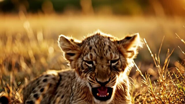 Close Up of a Young Lion Cub Lying in Golden Grass with an Open Mouth and Sharp Teeth in Sunlight