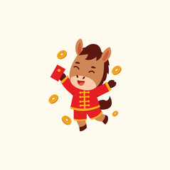 Cute Cartoon Horse in Red Chinese Outfit Holding Red Envelope, Lunar New Year Celebration