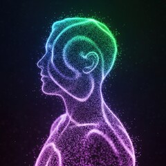Glowing particles form the silhouette of a man head in profile with spiral brain.