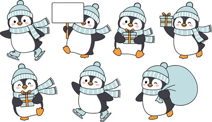 Cute winter penguin character set, playful cartoon illustration collection, penguins ice skating, gift holding, holiday season design, children book, festive artwork