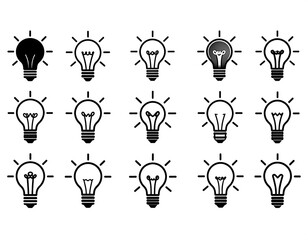 Assortment of lightbulb icons, radiating energy, various styles
