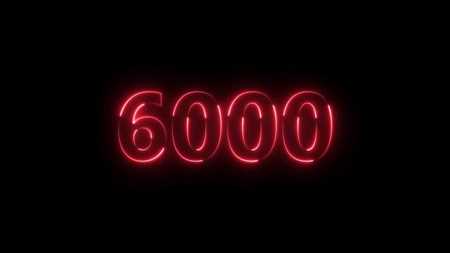 Number 6000 neon bright red color animation 4k video.