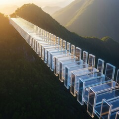 Aerial view of a transparent glass bridge stretching across a mountain range at sunset.