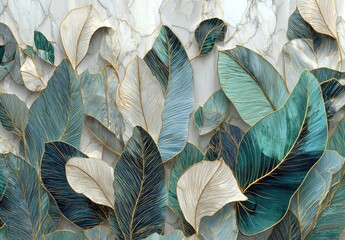 Close-up view of stylized leaves in various shades of blue, teal, and cream, accented with gold lines, on a marble background
