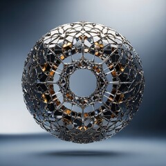 Metallic sphere with intricate geometric design, open center, and reflective surfaces.