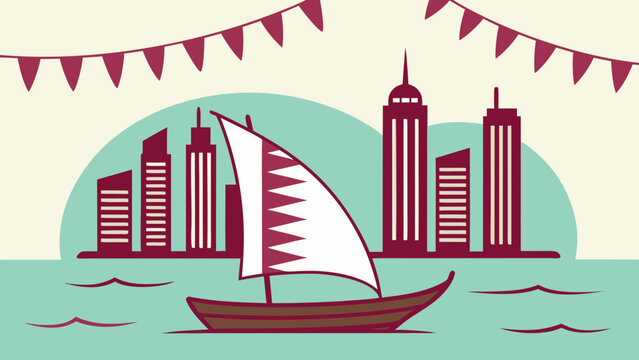 Qatar National Day with traditional dhow boat and modern Doha skyline.