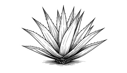 Black and white illustration of an agave plant with sharp leaves
