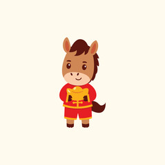 Cute Cartoon Horse Holding Gold Ingot, Chinese New Year Mascot, Zodiac Animal
