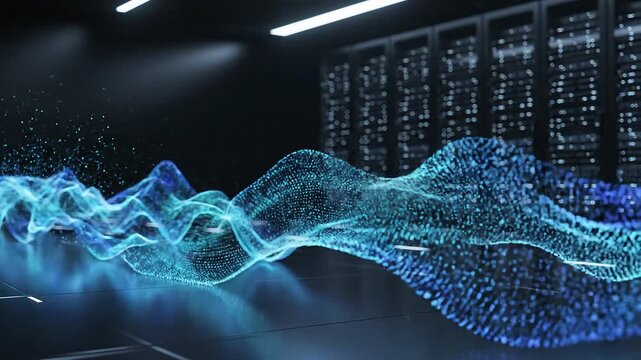 Glowing blue digital wave flowing through a dark server room with rows of computer screens and futuristic lighting.