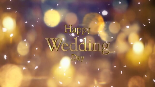 結婚式の背景　キラキラ輝くキャンドルの光の丸ボケにHappy Wedding Dayの3dテキスト　光を反射する文字の表面　舞い散る花びらフラワーシャワー　ウエディングパーティー・オープニング・タイトル・お祝いの背景
