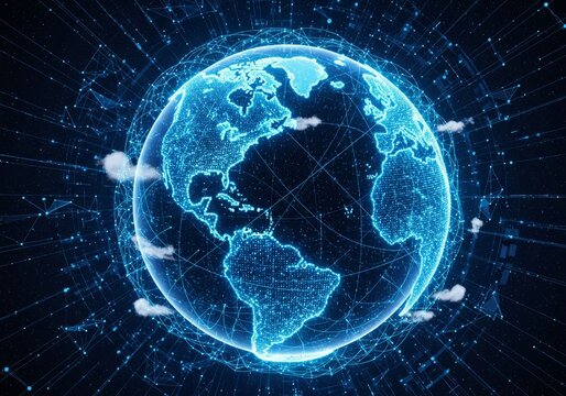 A digital blue earth globe on a black background representing a global communication network and planet data connection through world technology and internet information